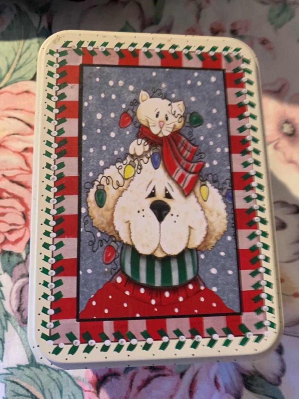 Holiday Dog Tin with Festive Lights and Kitty